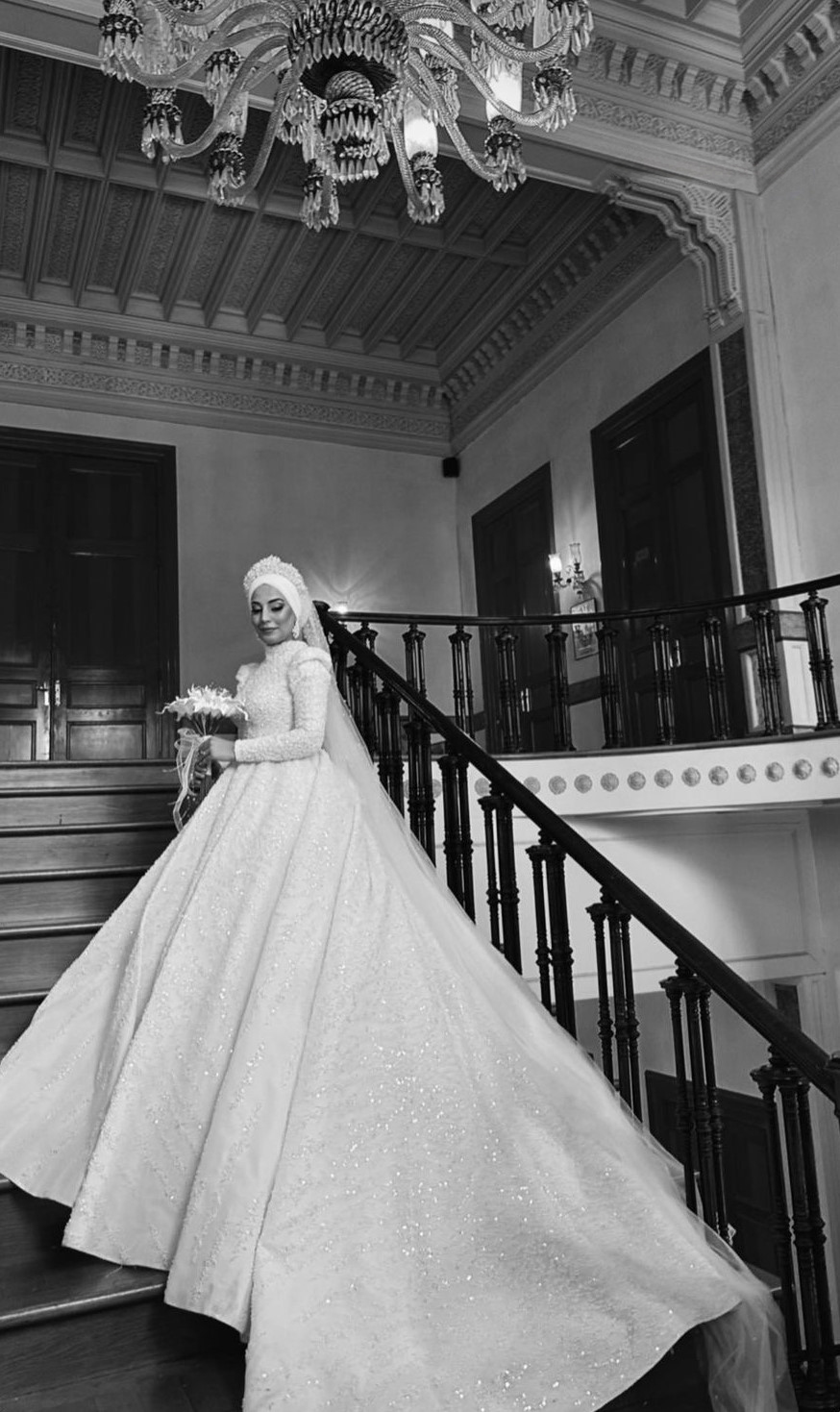 Komple Inci islemeli Dantel Organze Tesettur Uzun Kollu Prenses Gelinlik 3 | HG Gelinleri