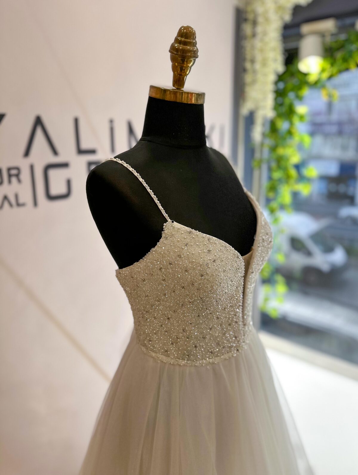 Crystal Swarovski Embroidered Cat Collar Thin Strappy Tulle Skirt A-Line Wedding Dresses - Image 3