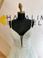 Crystal Swarovski Embroidered Cat Collar Thin Strappy Tulle Skirt A-Line Wedding Dresses - Image 4