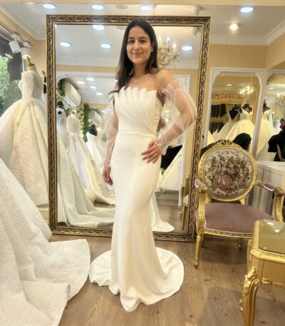 Emine | Straplez Balık Gelinlik | Organze Tül Kırık Beyaz