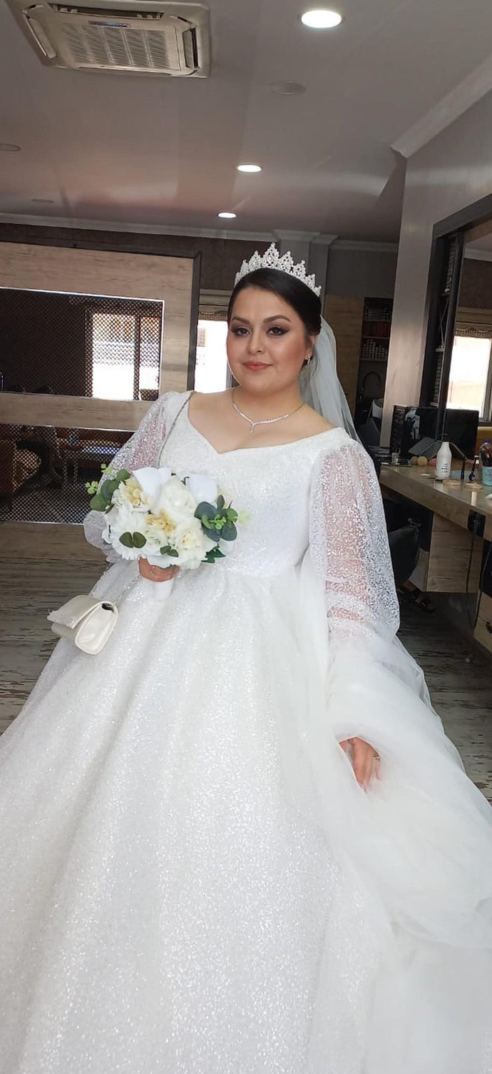 Sim Baskili Tul V Yaka Balon Uzun Kol Hacimli A Kesim Gelinlik | HG Gelinleri