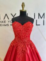 Straplez Kalp Yaka İşlemeli Aplikli Saten A Kesim Abiye - Görsel 7