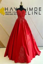 Straplez Kalp Yaka İşlemeli Aplikli Saten A Kesim Abiye - Görsel 6