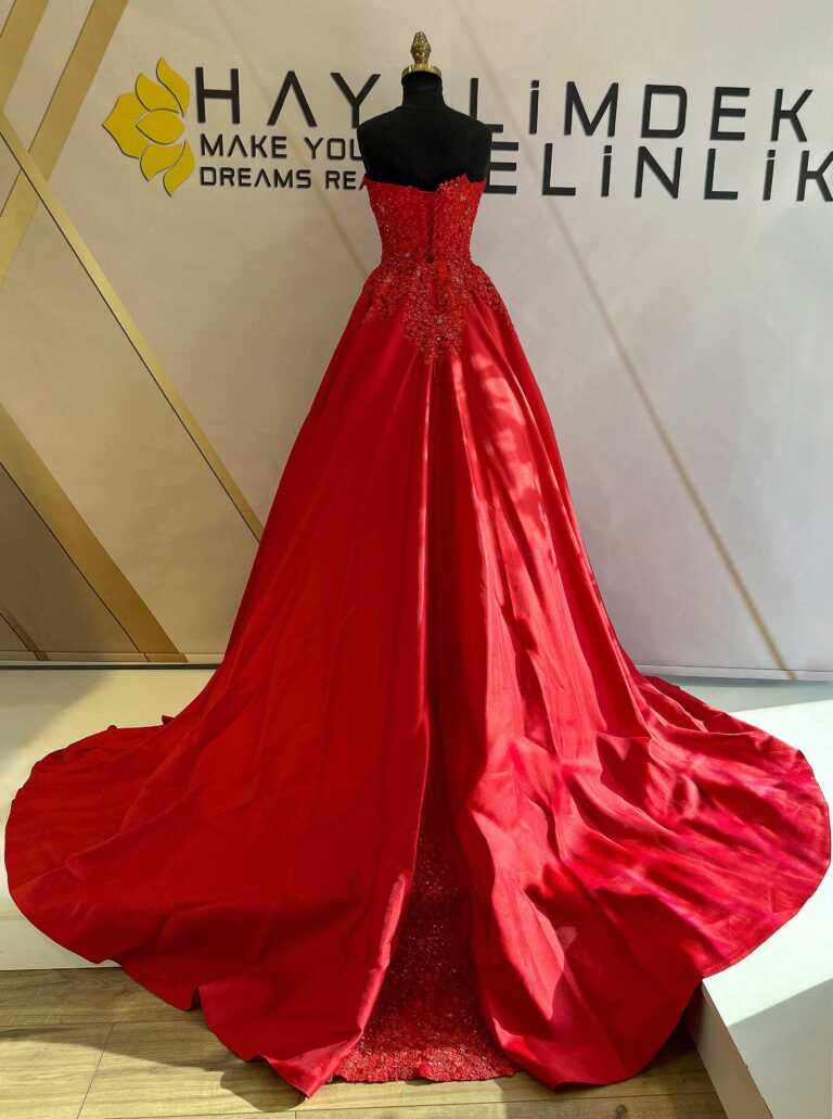 Straplez Kalp Yaka Islemeli Aplikli Saten A Kesim Abiye 5 | Fırsat Abiyeler