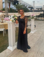 Transparan Tül Üzerine Yoğun İşlemeli Dantel Ten Tülle Kapatılmış Yaka Uzun Kollu Dar Kesim Abiye - Görsel 2