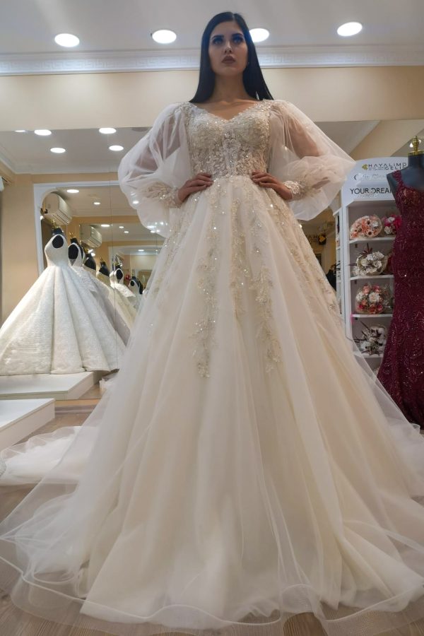 Uc Boyutlu Cicekli Dantel Tul V Yaka Balon Uzun Kol A Kesim Gelinlik | Anasayfa