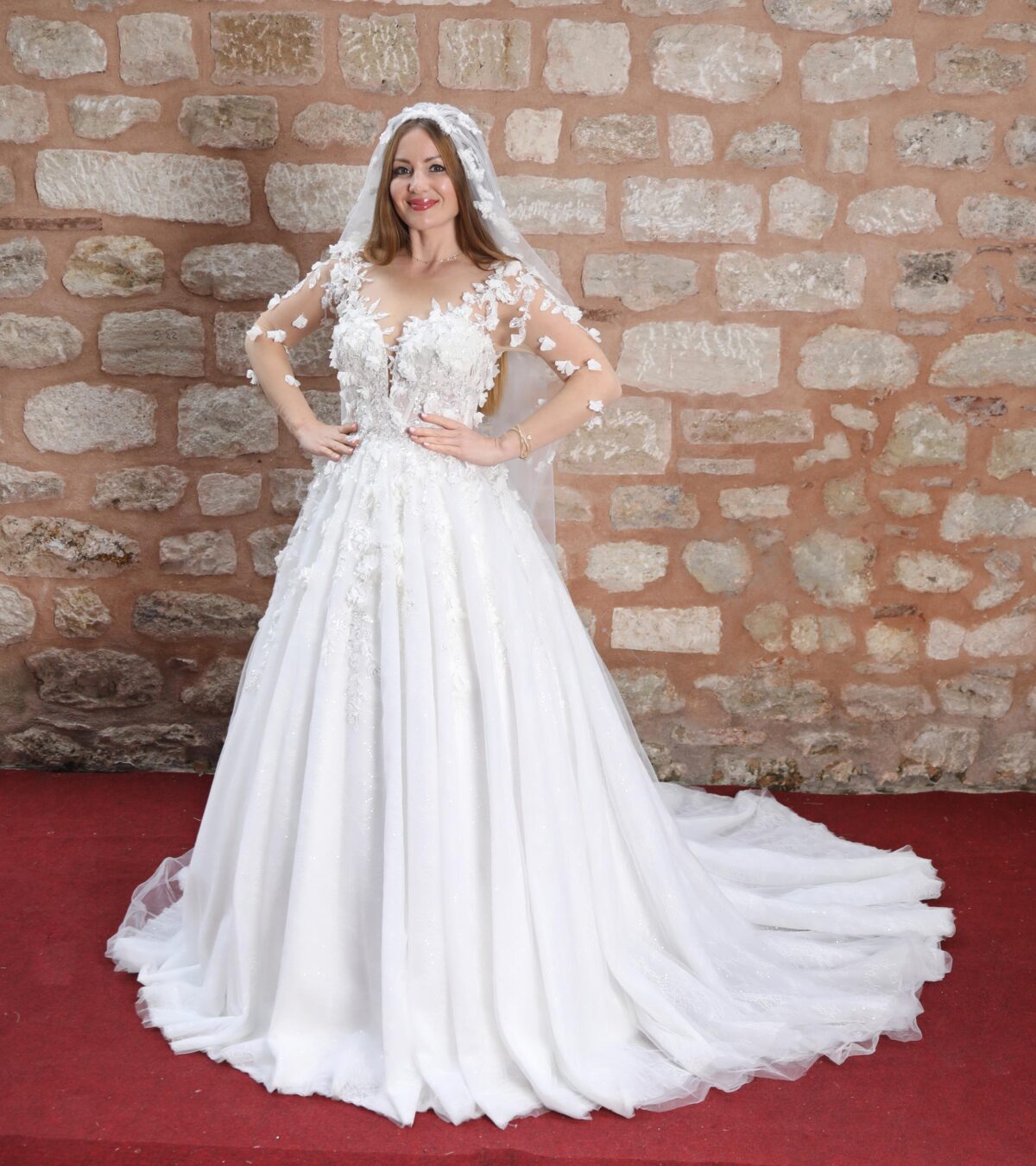 Three-Dimensional Floral Deep Decollete Sweetheart Neckline Long Sleeve A-Line Wedding Dress - Image 4