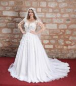 Three-Dimensional Floral Deep Decollete Sweetheart Neckline Long Sleeve A-Line Wedding Dress - Image 4