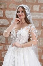 Three-Dimensional Floral Deep Decollete Sweetheart Neckline Long Sleeve A-Line Wedding Dress
