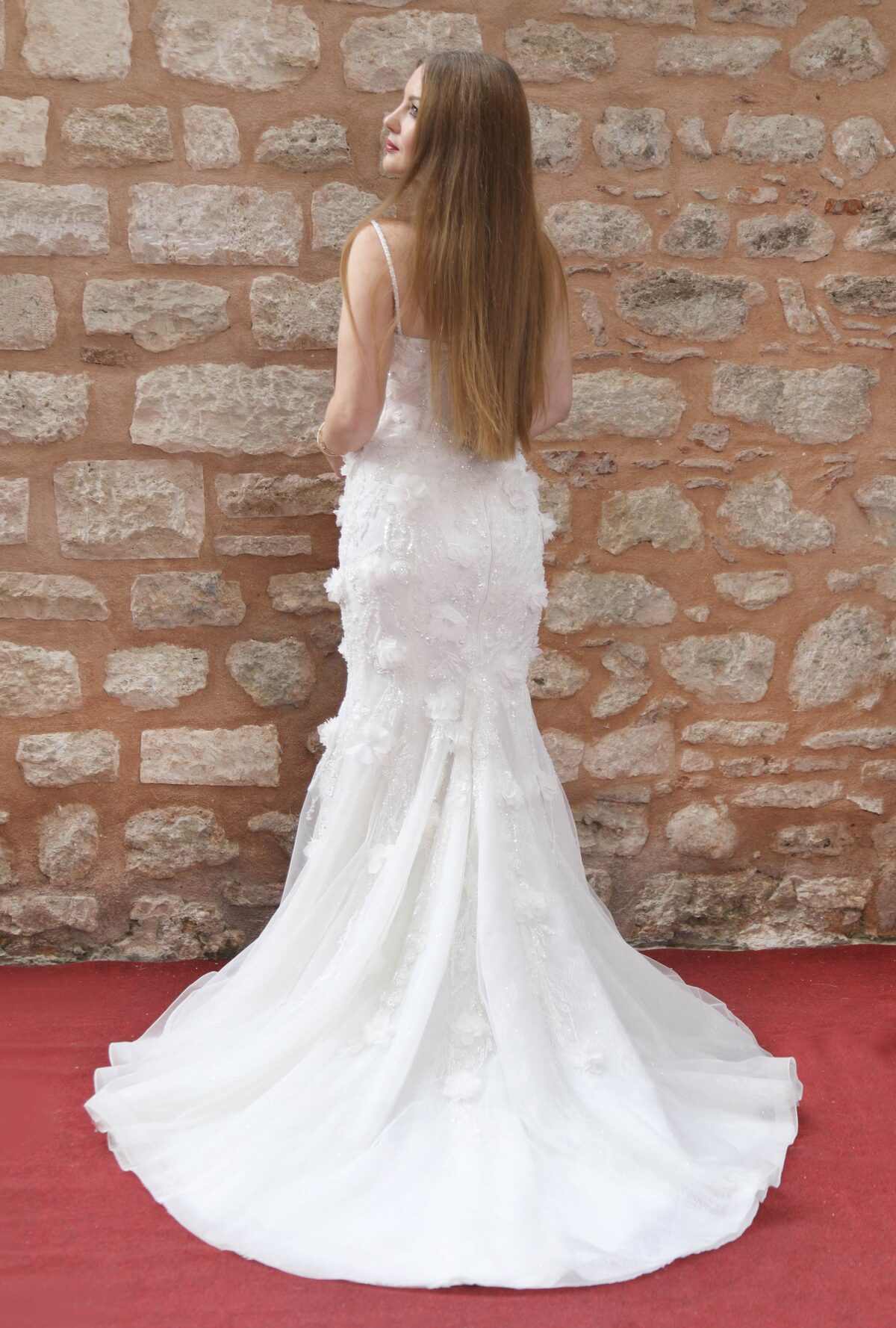 Three-Dimensional Floral Sweetheart Neckline Thin Strap Gloves Mermaid Wedding Dress - Image 3