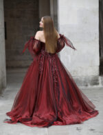 Üç Boyutlu Yaprak İşlemeli Kalp Yaka Balon Kollu A Kesim Abiye - Görsel 5