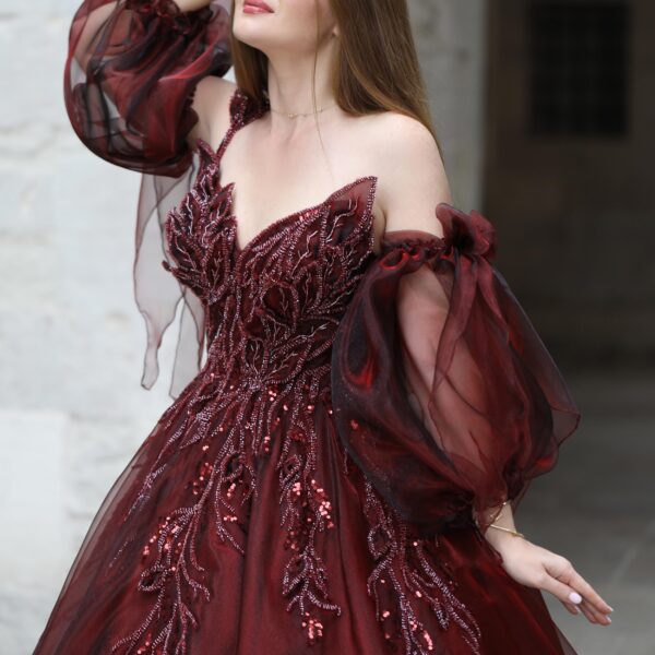 Üç Boyutlu Yaprak İşlemeli Kalp Yaka Balon Kollu A Kesim Abiye