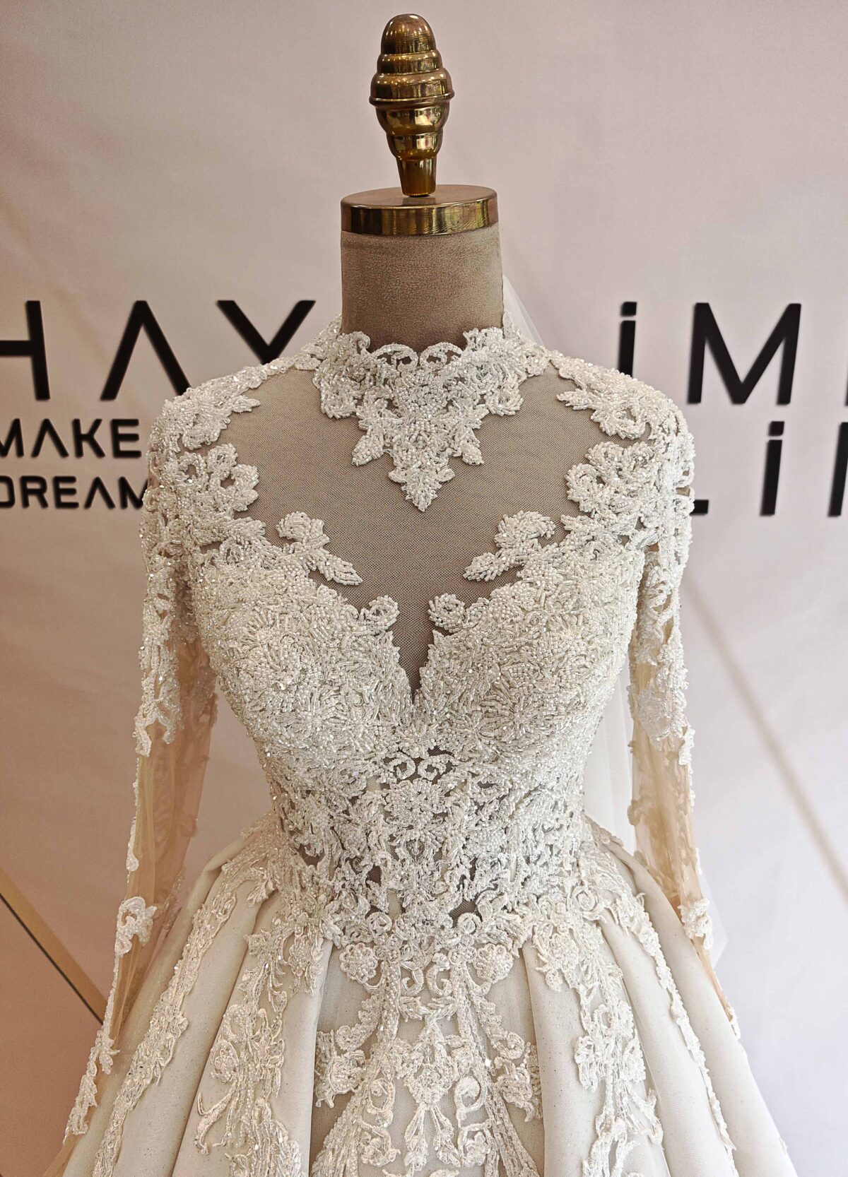 Crystal Embroidered Lace Sheer Body Long Sleeve A Line Wedding Dress - Image 2