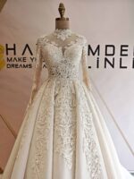 Crystal Embroidered Lace Sheer Body Long Sleeve A Line Wedding Dress