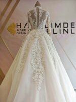 Crystal Embroidered Lace Sheer Body Long Sleeve A Line Wedding Dress - Image 3