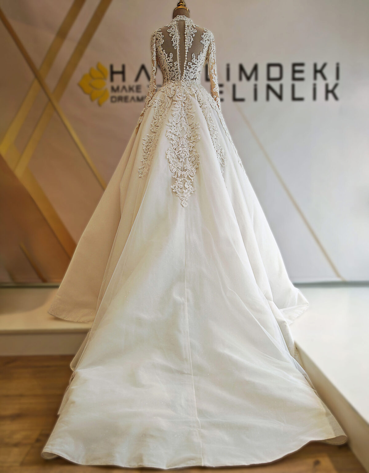 Crystal Embroidered Lace Sheer Body Long Sleeve A Line Wedding Dress - Image 4