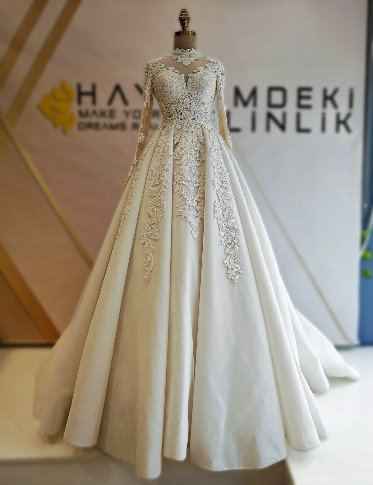 Crystal Embroidered Lace Sheer Body Long Sleeve A Line Wedding Dress - Image 5