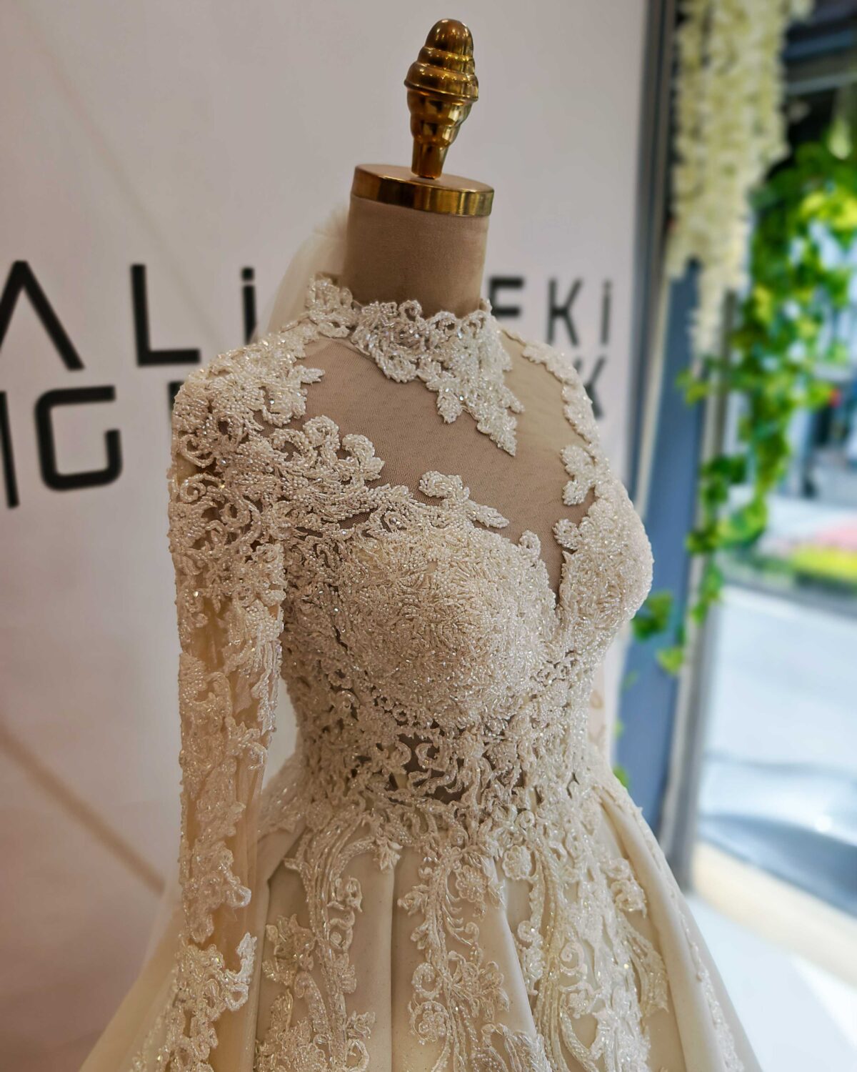 Crystal Embroidered Lace Sheer Body Long Sleeve A Line Wedding Dress - Image 6