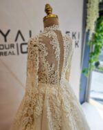 Crystal Embroidered Lace Sheer Body Long Sleeve A Line Wedding Dress - Image 7
