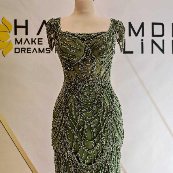 Strappy Sleeve Detailed Square Neckline Complete Lace Embroidered Mermaid Evening Dress