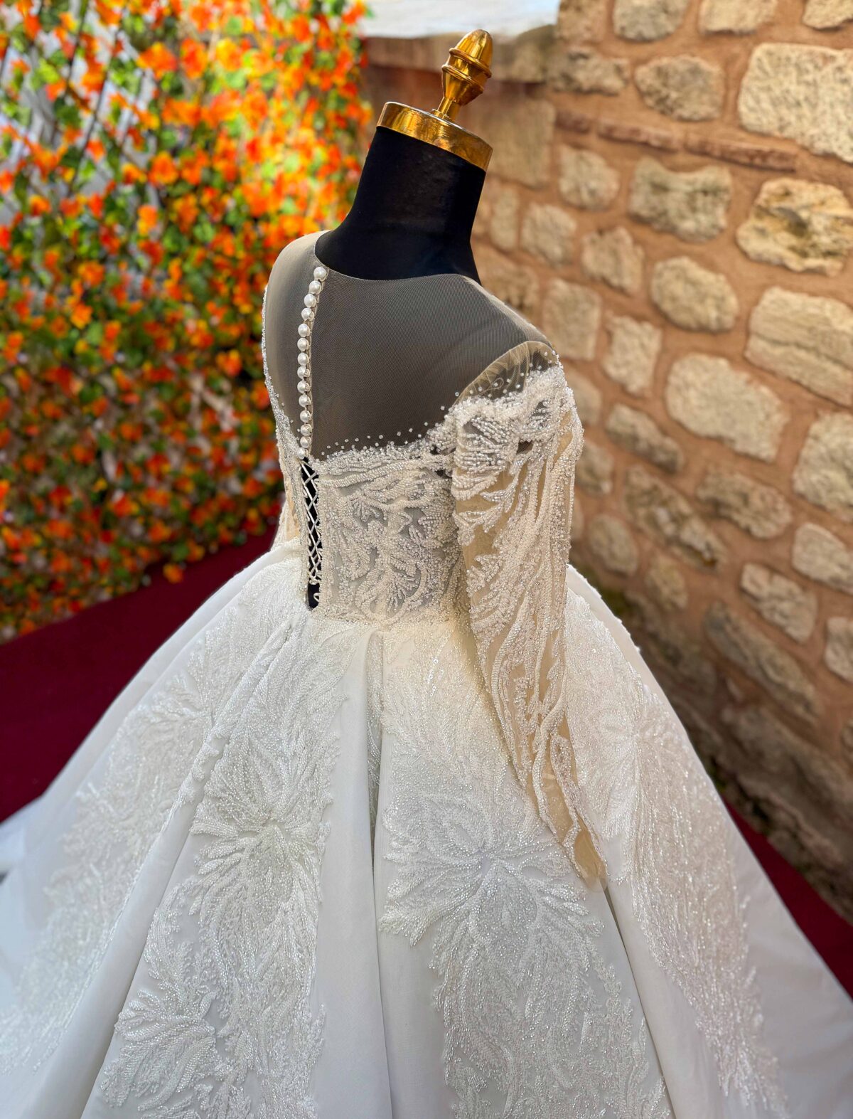 Deep Sweetheart Neckline Long Sleeve Transparent Body Lace Embroidered Princess Wedding Dress - Image 2