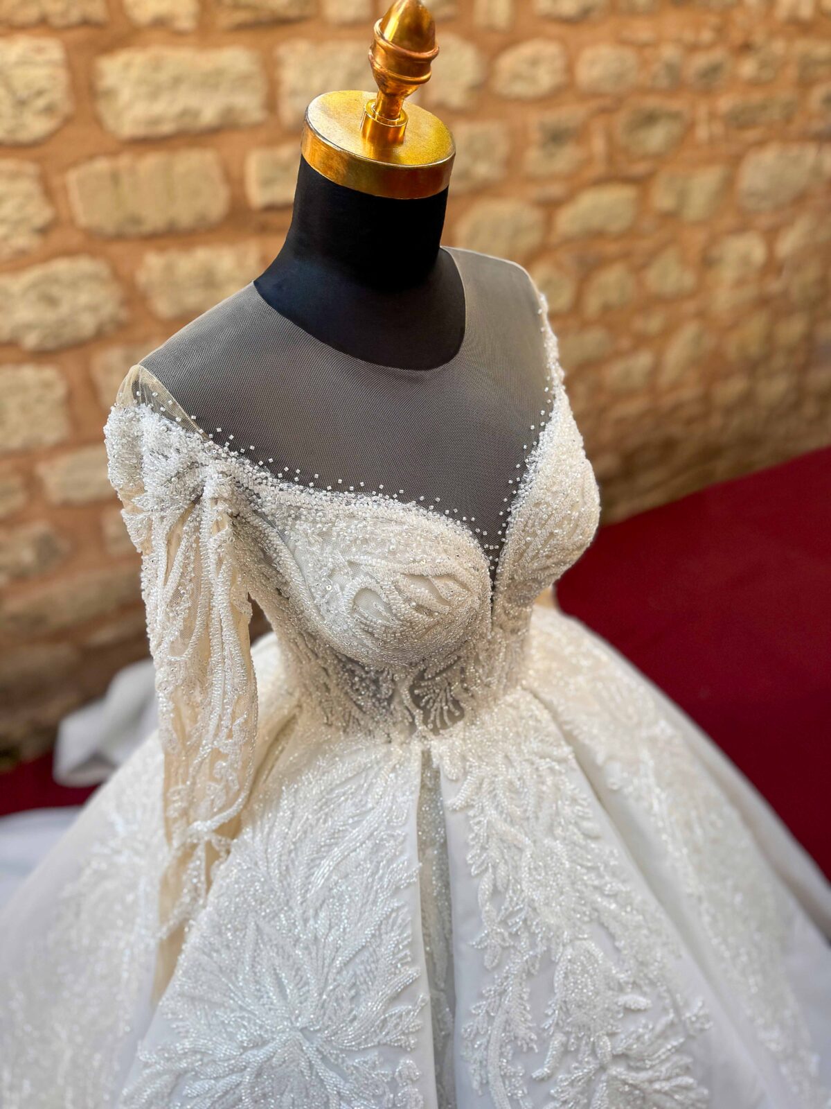 Deep Sweetheart Neckline Long Sleeve Transparent Body Lace Embroidered Princess Wedding Dress - Image 1