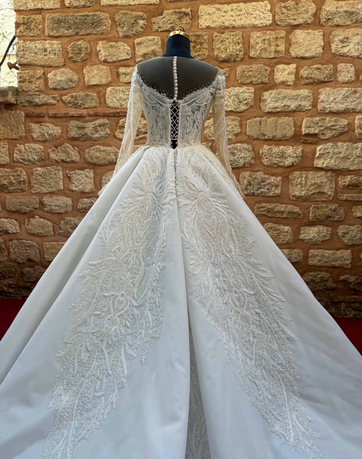 Deep Sweetheart Neckline Long Sleeve Transparent Body Lace Embroidered Princess Wedding Dress - Image 4