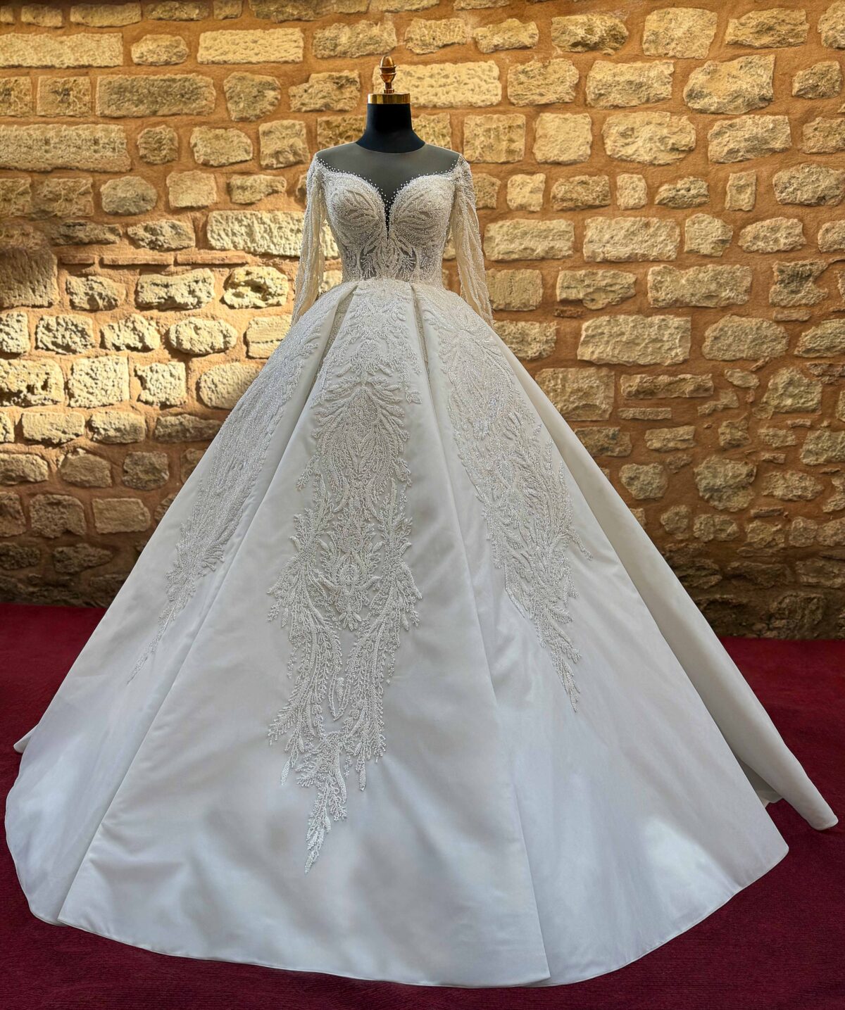Deep Sweetheart Neckline Long Sleeve Transparent Body Lace Embroidered Princess Wedding Dress - Image 5