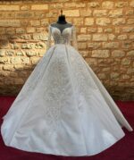 Deep Sweetheart Neckline Long Sleeve Transparent Body Lace Embroidered Princess Wedding Dress - Image 5