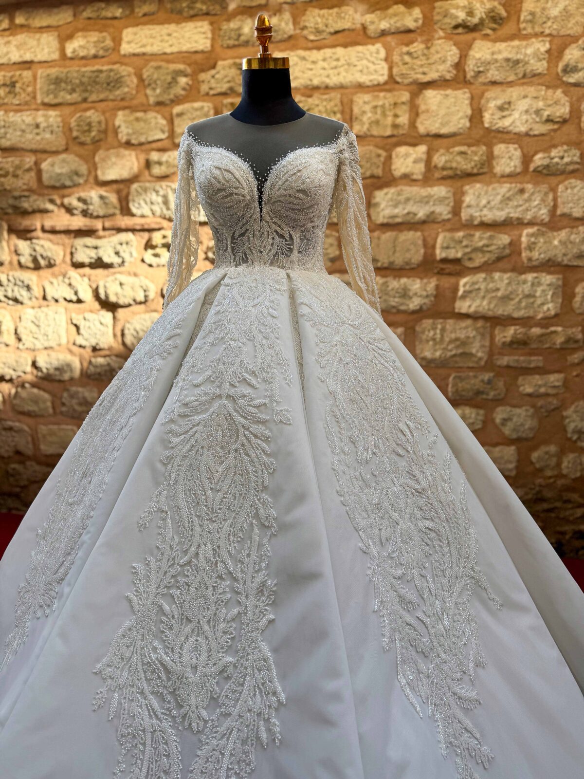 Deep Sweetheart Neckline Long Sleeve Transparent Body Lace Embroidered Princess Wedding Dress - Image 6
