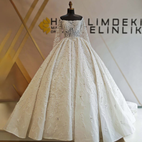 Straight Neckline Long Sleeve Complete Pearl and Swarovski Embroidered Princess Wedding Dress