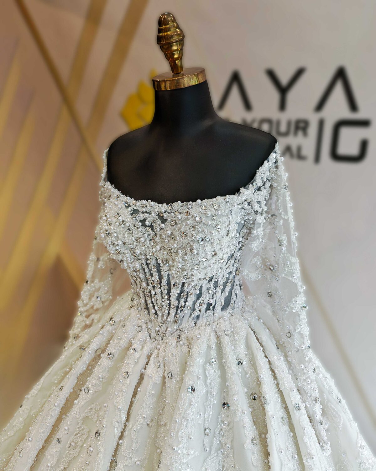 Straight Neckline Long Sleeve Complete Pearl and Swarovski Embroidered Princess Wedding Dress - Image 6