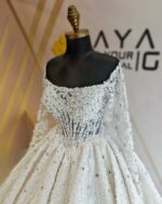 Straight Neckline Long Sleeve Complete Pearl and Swarovski Embroidered Princess Wedding Dress - Image 6