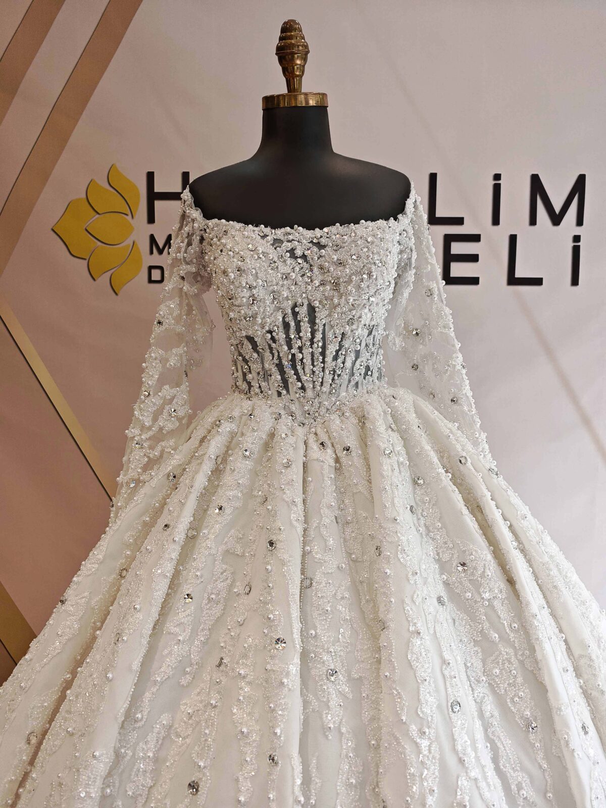 Straight Neckline Long Sleeve Complete Pearl and Swarovski Embroidered Princess Wedding Dress - Image 2