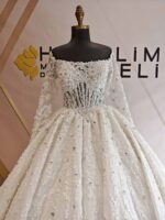Straight Neckline Long Sleeve Complete Pearl and Swarovski Embroidered Princess Wedding Dress - Image 2