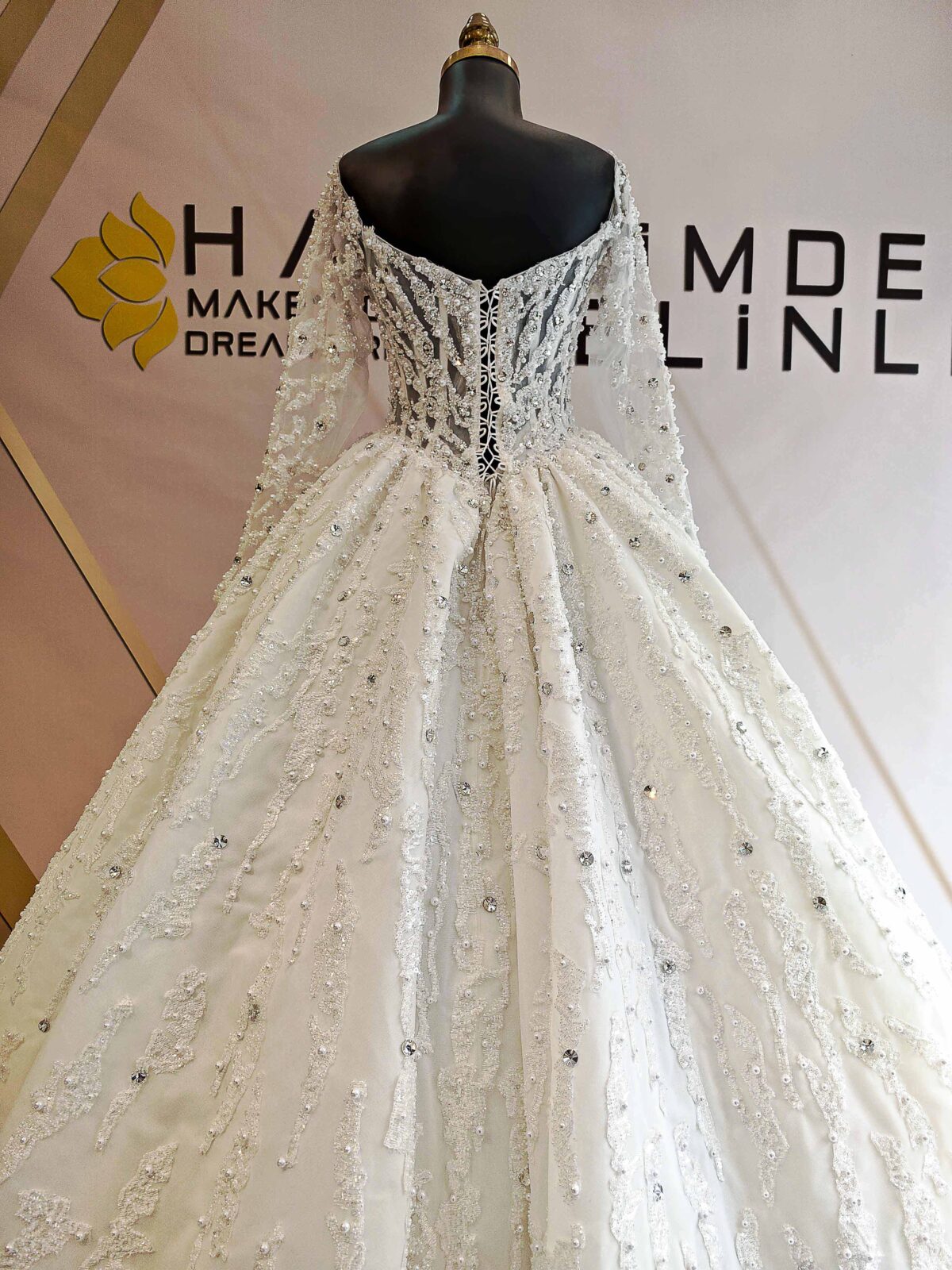 Straight Neckline Long Sleeve Complete Pearl and Swarovski Embroidered Princess Wedding Dress - Image 3