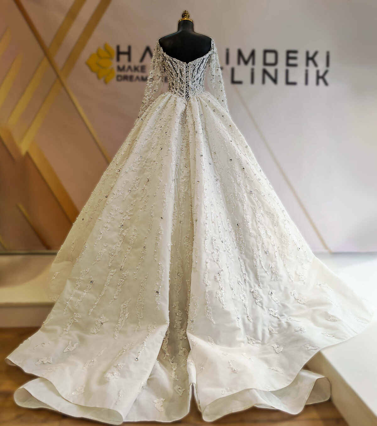 Straight Neckline Long Sleeve Complete Pearl and Swarovski Embroidered Princess Wedding Dress - Image 4