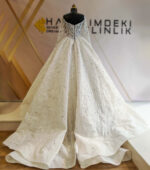 Straight Neckline Long Sleeve Complete Pearl and Swarovski Embroidered Princess Wedding Dress - Image 4