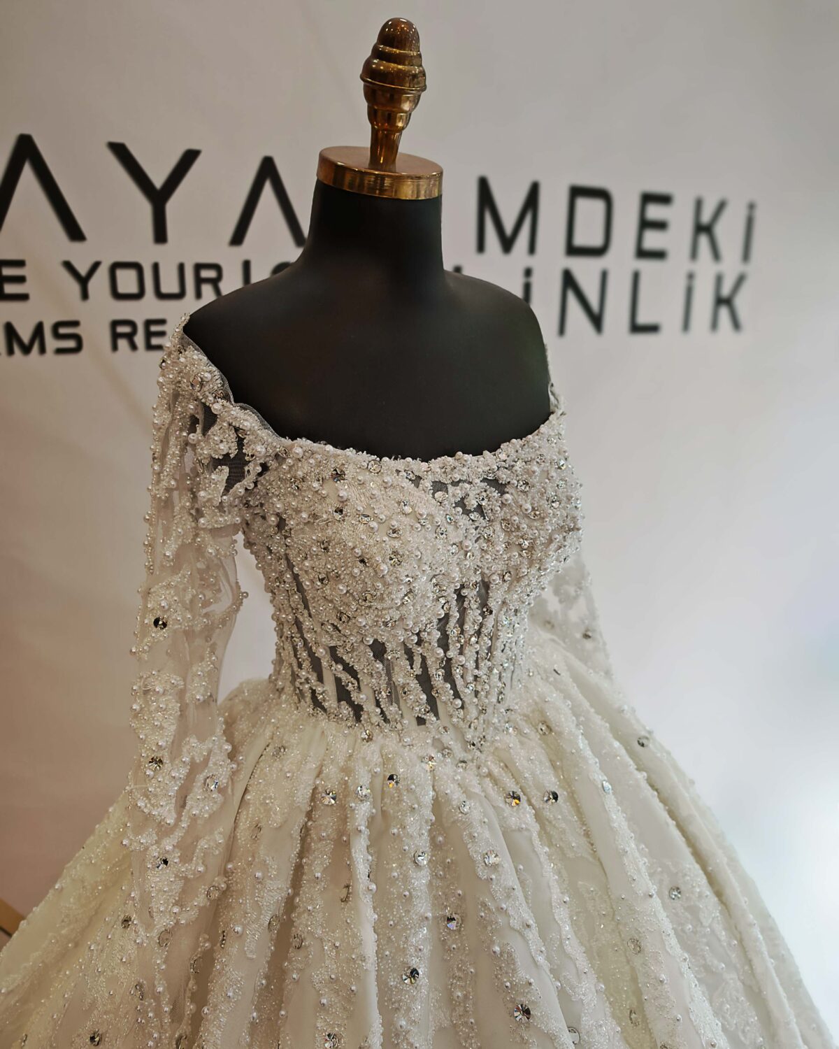 Straight Neckline Long Sleeve Complete Pearl and Swarovski Embroidered Princess Wedding Dress - Image 5