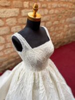 Square Neckline Heavily Embroidered Silvery Lace Voluminous A-Line Wedding Dress - Image 2