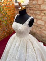 Square Neckline Heavily Embroidered Silvery Lace Voluminous A-Line Wedding Dress - Image 6