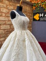 Square Neckline Heavily Embroidered Silvery Lace Voluminous A-Line Wedding Dress