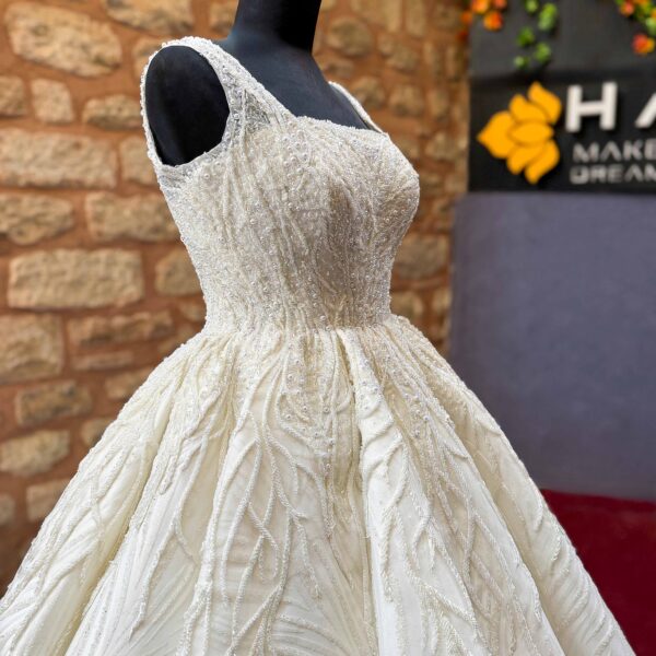 Square Neckline Heavily Embroidered Silvery Lace Voluminous A-Line Wedding Dress