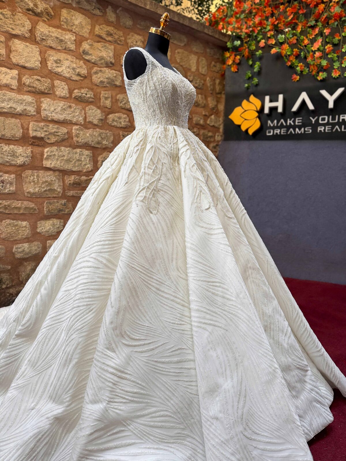 Square Neckline Heavily Embroidered Silvery Lace Voluminous A-Line Wedding Dress - Image 3