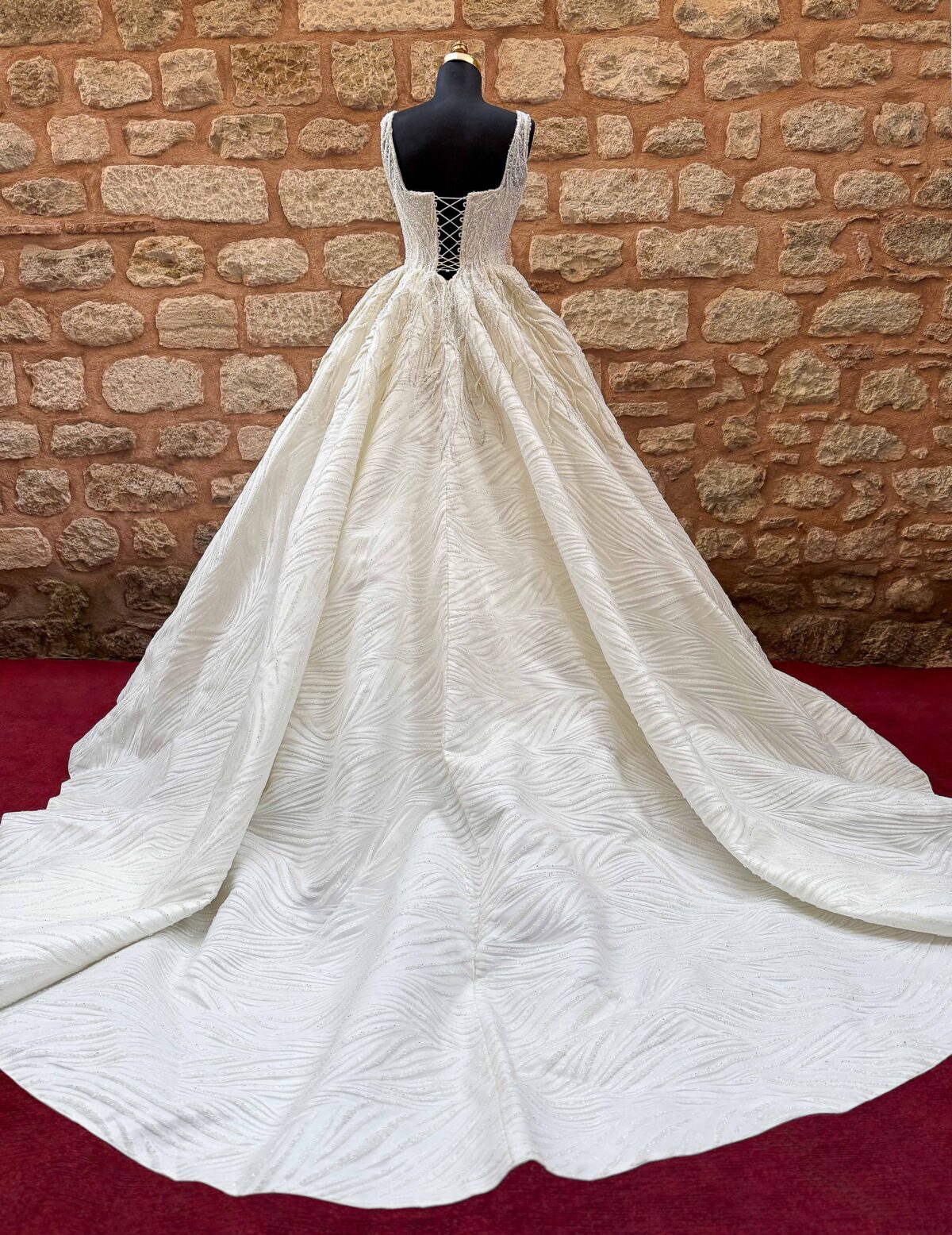 Square Neckline Heavily Embroidered Silvery Lace Voluminous A-Line Wedding Dress - Image 4