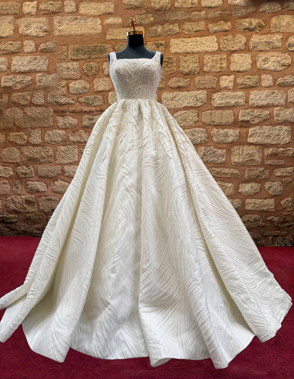 Square Neckline Heavily Embroidered Silvery Lace Voluminous A-Line Wedding Dress - Image 5