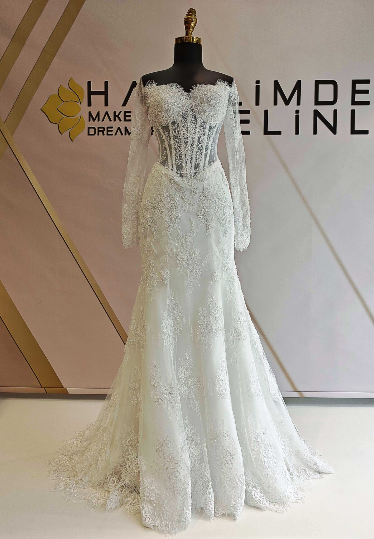 Boat Neck French Lez Lace Mermaid Wedding Dress - Image 5