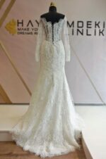 Boat Neck French Lez Lace Mermaid Wedding Dress - Image 3