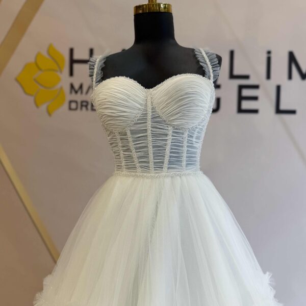 Straplez Drapeli Beden Fırfırlı Etek A Kesim Gelinlik