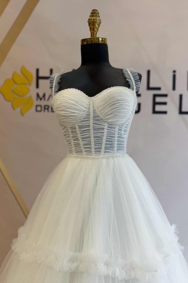 Straplez Drapeli Beden Fırfırlı Etek A Kesim Gelinlik